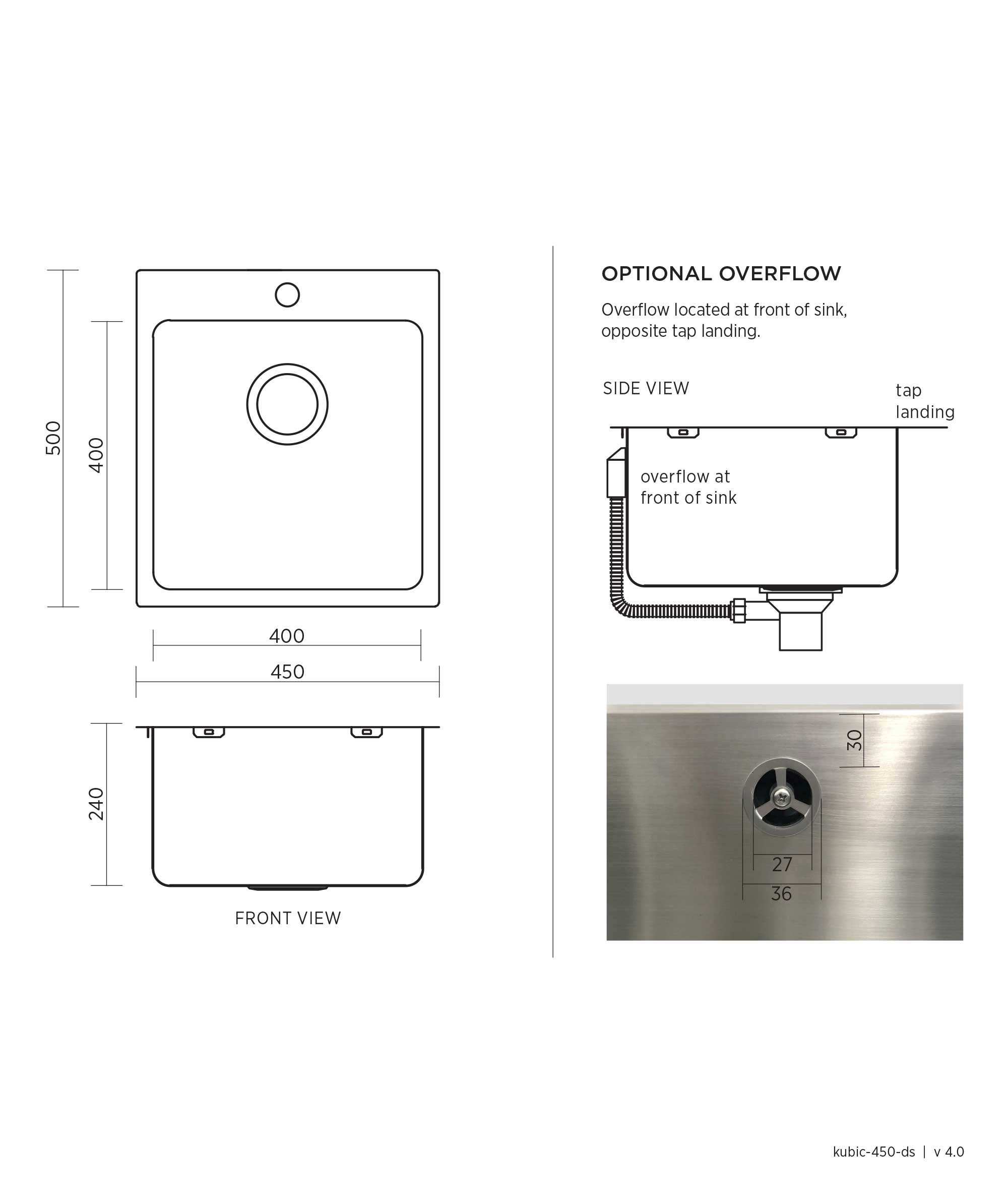 Kubic Deep 450 stainless steel sink 35 litre