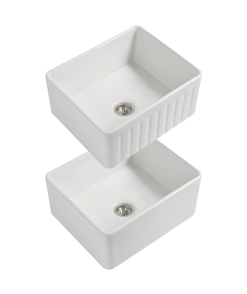 Cleo 610 Duo fluted/flat apron front ceramic sink - White Gloss