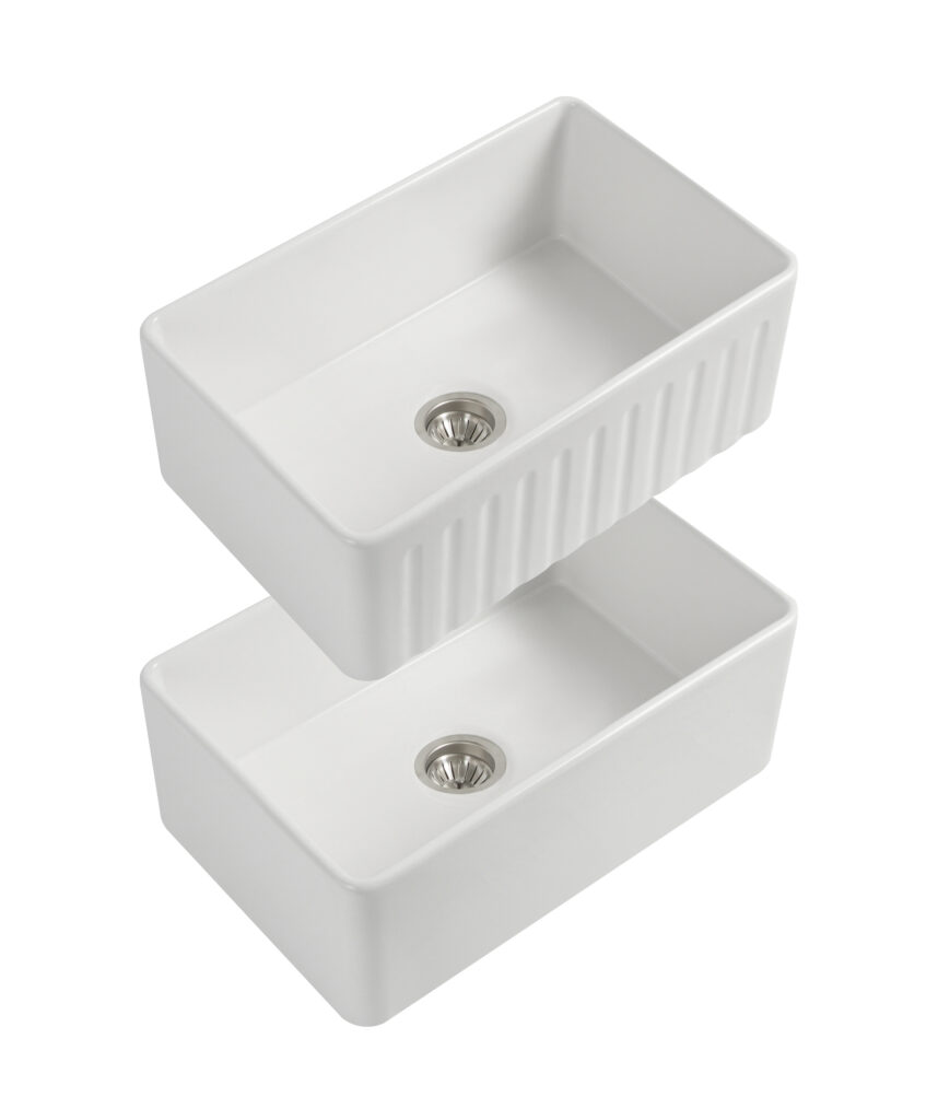 Cleo 760 Duo fluted/flat apron front ceramic sink - White Gloss
