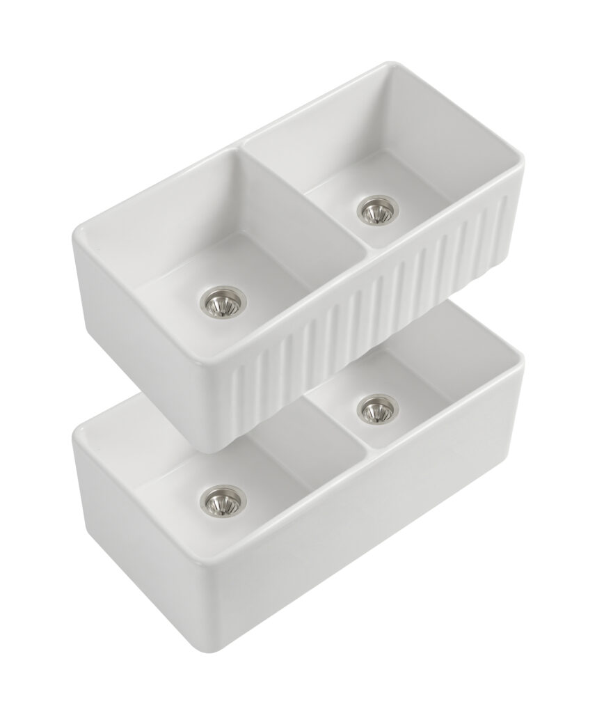 Cleo 835 Duo fluted/flat apron front ceramic sink - White Gloss