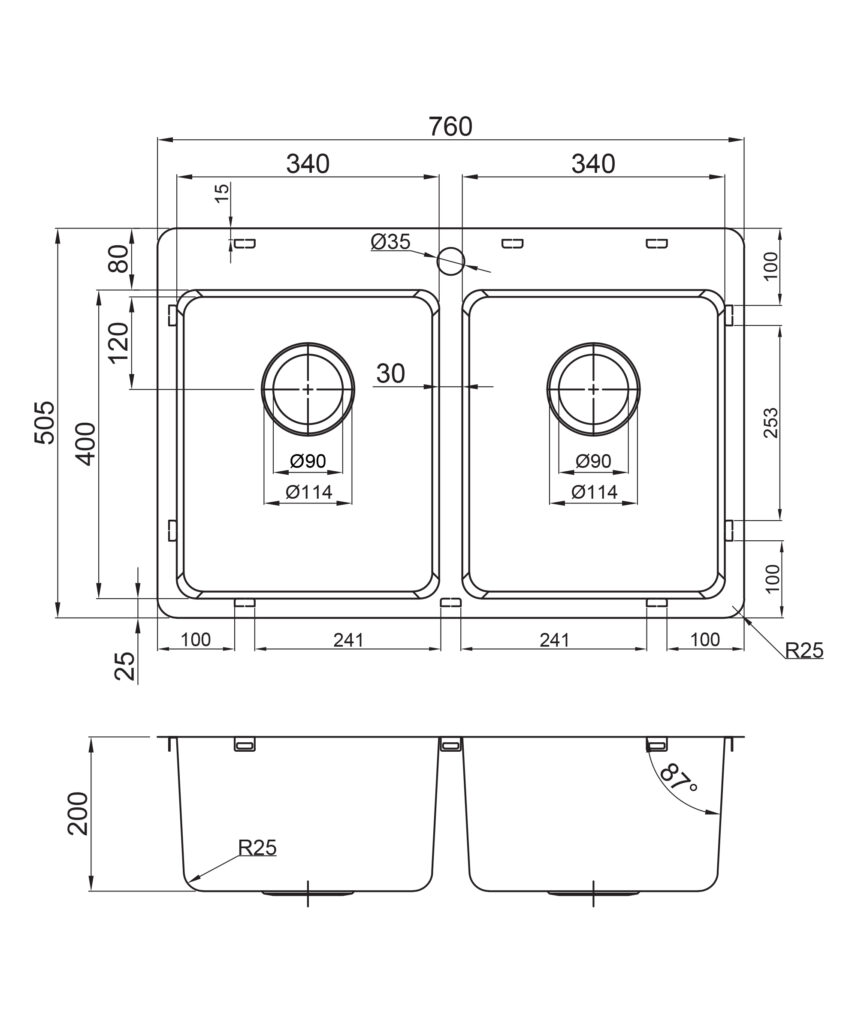 Kubic 760 stainless steel sink with tap landing