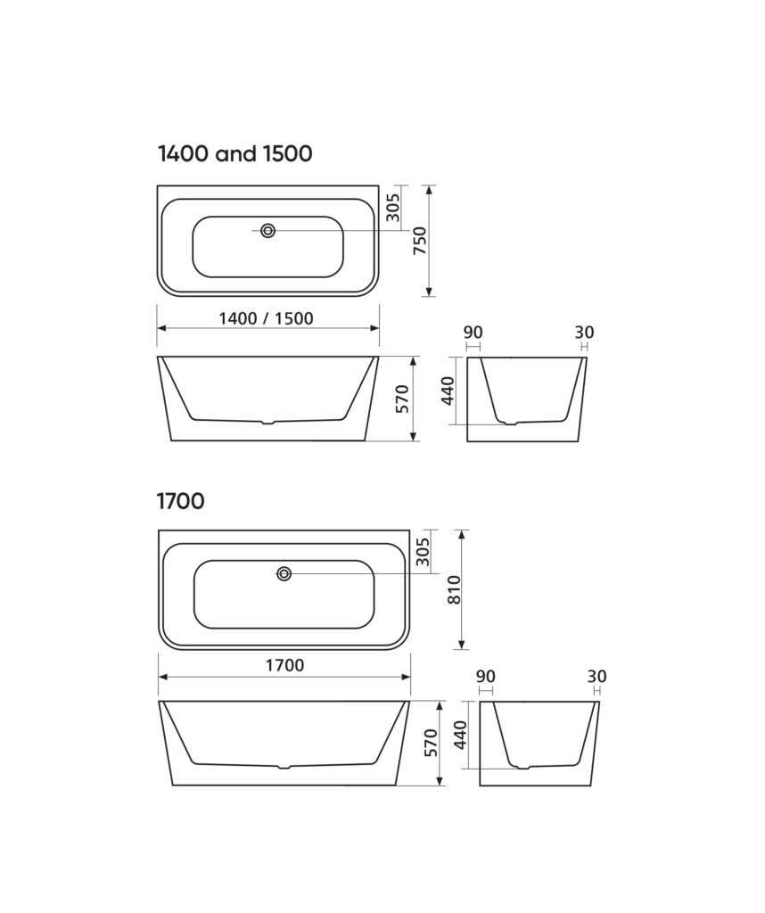 Plati 135 Back-to-wall freestanding bath - with integrated slot overflow