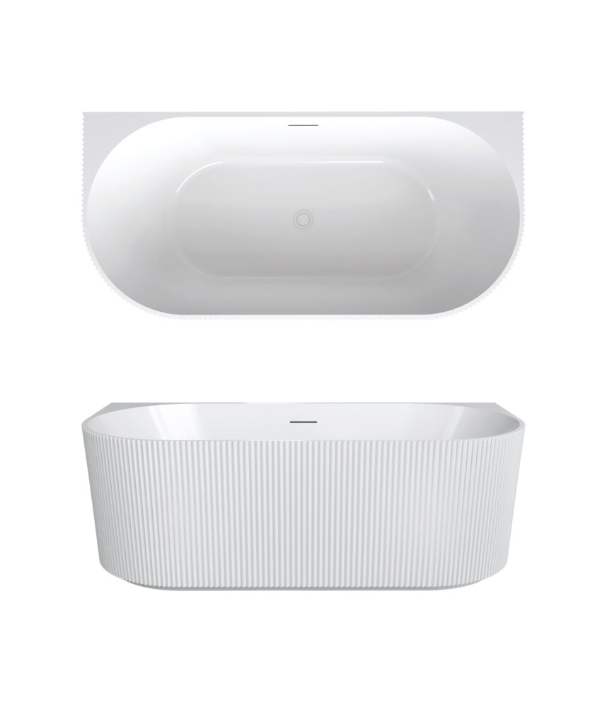 Cleo 115 fluted back-to-wall freestanding bath - White Gloss - with integrated slot overflow