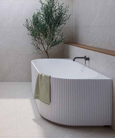 Cleo 115 fluted back-to-wall freestanding bath - White Gloss - with integrated slot overflow