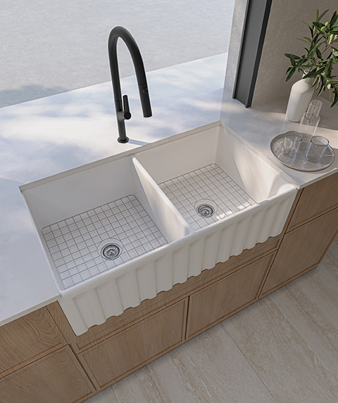 Cleo 835 Duo fluted/flat apron front ceramic sink - White Gloss
