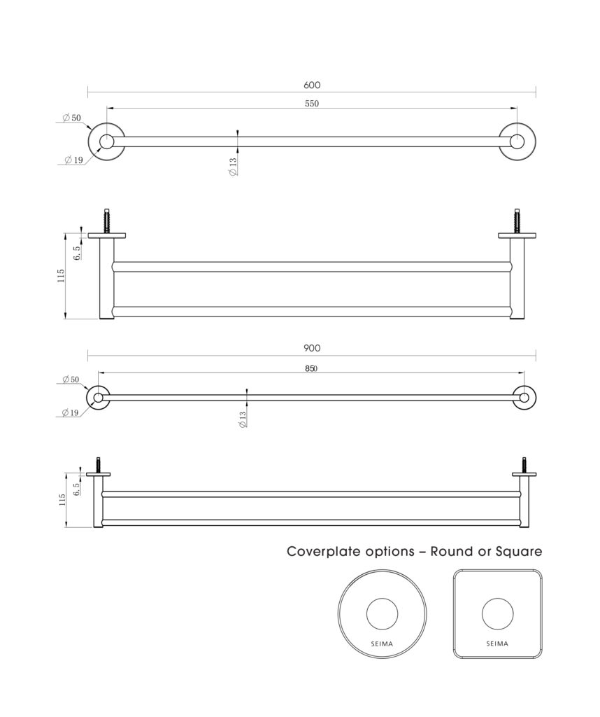 Anson Round Towel Rail Double 600mm - Black Matte
